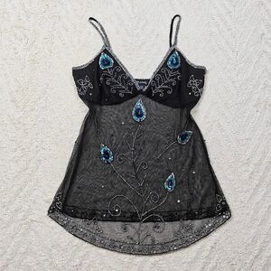 Y2K Sheer Beaded Sequin Peacock Fairygoth Top